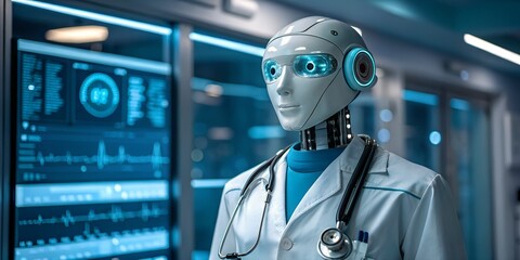 Aufkleber - Digital health care and Telemedicine concept. Robot doctor in a futuristic medical setting with advanced technology.
