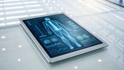 Poster - Digital health care and Telemedicine concept. Digital tablet displaying human anatomy graphics and data analysis.