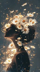 Aufkleber - Surreal portrayal of a glowing woman adorned with daisies set against a mystical background