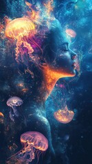 Fototapete - Surreal depiction of a glowing woman surrounded by luminous jellyfish in a vibrant cosmic environment