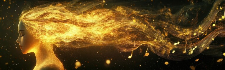 Leinwandbilder - Surreal glowing representation of a woman with flowing golden hair against a dark background