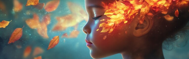 Aufkleber - Surreal portrait of a child's face glowing with autumn leaves in a dreamlike setting