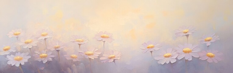 Aufkleber - Softly blooming pale purple daisies in a tranquil garden setting at dawn