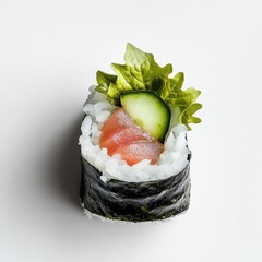Poster - Delicate sushi roll featuring fresh fish, cucumber, and greens on a minimalistic background