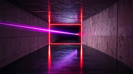 Poster - Laser glows in a rectangular tunnel with vibrant neon lights creating a captivating visual experience, A laser moving in a rectangular tunnel Infinitely ed