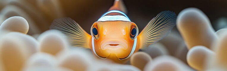 Poster - Close-up view reveals the vibrant face of a clownfish nestled among sea anemones in a coral reef habitat