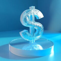 Poster - Frozen Future: A crystalline dollar sign embodies the fragility and futuristic promise of finance on a blue stage.