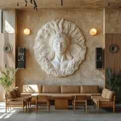 Poster - Modern Interior with Sculpture, Sound System, and Wood Furniture: A Tranquil Lounge Space