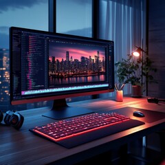 Leinwandbilder - Modern Workspace: Illuminated Keyboard and Cityscape Display at Night