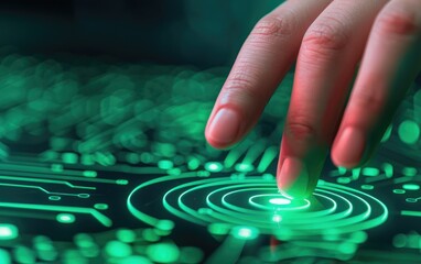 Poster - Fingertip Touching Futuristic Green Technology Interface Closeup Innovative Digital Screen Interaction