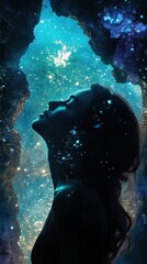Poster - Woman radiating light and energy in a mystical cave setting at night surrounded by cosmic elements
