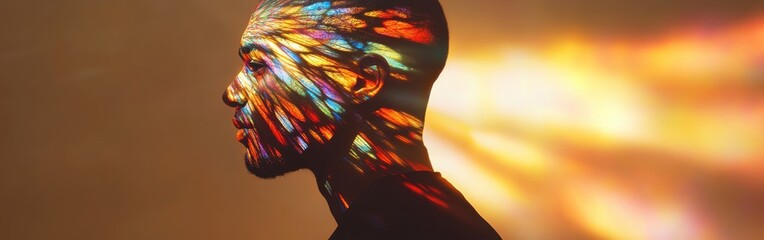 Poster - Conceptual profile of a man illuminated with colorful reflections depicting creativity and inner thoughts