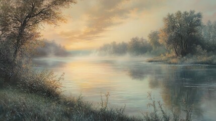 Poster - Calm river valley at sunrise with soft hues reflecting on serene waters