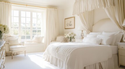 Aufkleber - Bright all-white bedroom featuring elegant decor and natural light in a serene setting