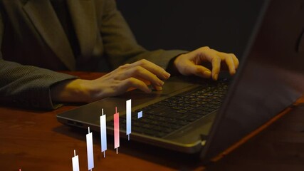 Poster - Symbols of Chinese candles appear against the background of a woman working on a laptop. The concept of digitalization of making money. Cg