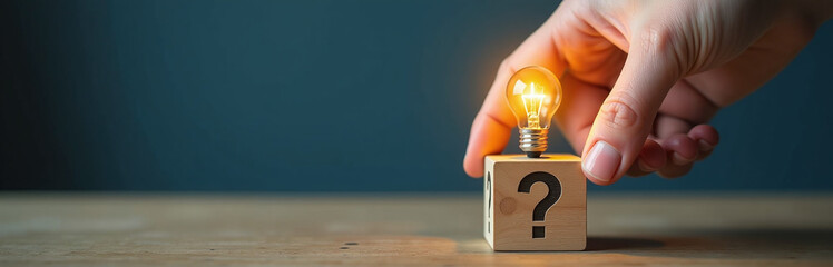 Aufkleber - A Hand Touches A Glowing Light Bulb On One Side And A Question Mark On The Other Of A Wooden Cube For Brainstorming Solutions Ideas.