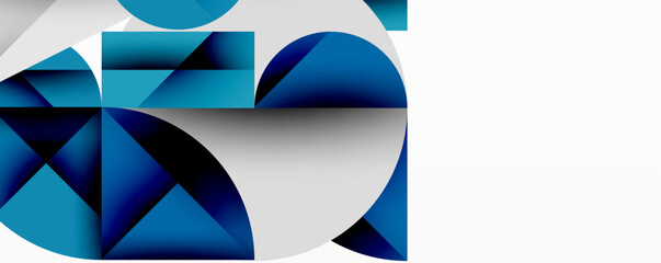Poster - Abstract geometric design with intersecting circles, triangles, squares and sharp angles creating a layered composition with gradients, depth, and contrast