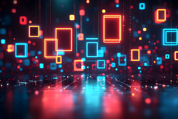 Poster - Abstract digital art featuring glowing neon squares and bokeh, creating a vibrant, futuristic atmosphere