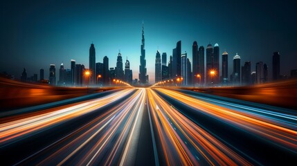 A time-lapse cityscape with moving lights represents the hustle and evolution of modern life. Defined elements and vibrant clarity.