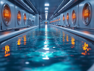 Poster - Futuristic water recycling plant with illuminated control panels and flowing water