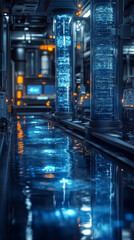 Aufkleber - futuristic control room with glowing blue pillars and reflective water surface