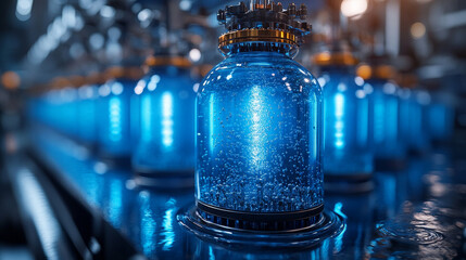 Poster - Futuristic water purification plant with glowing blue containers and bubbles