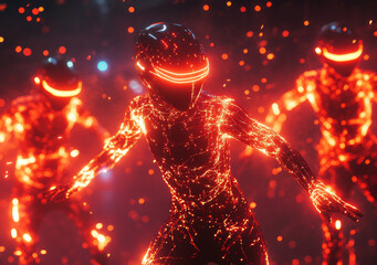 Poster - futuristic warriors in virtual reality battle with glowing suits