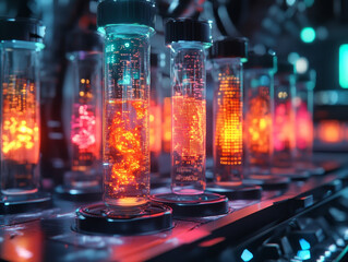 Poster - Glowing chemical samples inside digital tubes create vibrant atmosphere