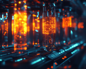 Poster - glowing test tubes filled with digital data and interconnected wires create futuristic scene