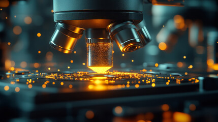 Poster - High tech microscope glowing while monitoring biological samples in lab