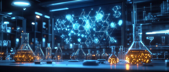 Poster - High tech molecular lab with glowing chemical interfaces and equipment