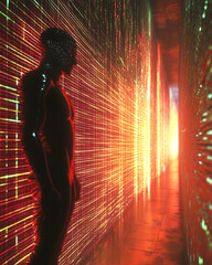 Poster - futuristic figure stands in glowing corridor filled with vibrant energy patterns
