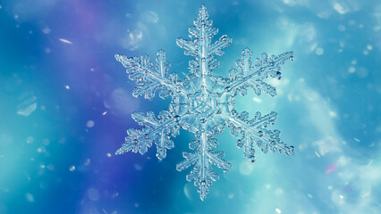 Poster - A detailed frozen snowflake featuring water droplets, presented on a colorful abstract background, crafted in a hyperrealistic digital art style, perfect for winter holiday and fantasy design ideas
