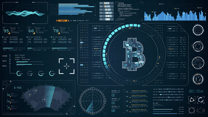 Poster - Blue digital money logo with head up display (HUD UI) panel and futuristic technology abstract background crypto currency finance and digital money