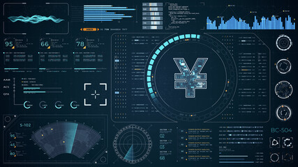 Poster - Blue digital money logo with head up display (HUD UI) panel and futuristic technology abstract background crypto currency finance and digital money