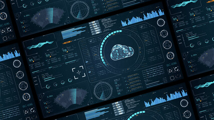 Fototapete - Blue digital cloud computing with head up display (HUD UI) with circuit panel background and futuristic technology abstract background storage big data backup