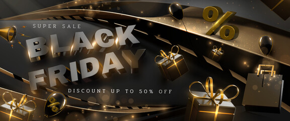 Wall Mural - Black Friday banner template with realistic golden elements in luxury style.