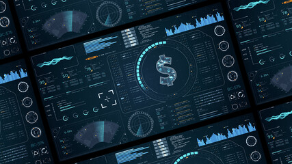 Poster - Blue digital money logo with head up display (HUD UI) panel and futuristic technology abstract background crypto currency finance and digital money