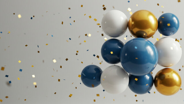 This modern abstract arrangement showcases blue, white, and gold balloon spheres arranged in a stylish geometric design, set against a minimalist backdrop adorned with a happy birthday