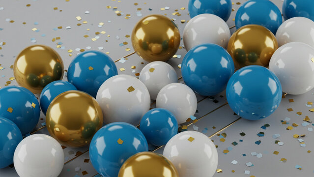The artwork presents a contemporary abstract design with blue, white, and gold balloon spheres meticulously arranged in a refined geometric pattern, enhanced by a minimalist aesthetic