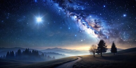 Wall Mural - Serene Night Scene Starry Sky, Majestic Galaxy, Winding Road, Silhouetted Trees, Misty Mountains