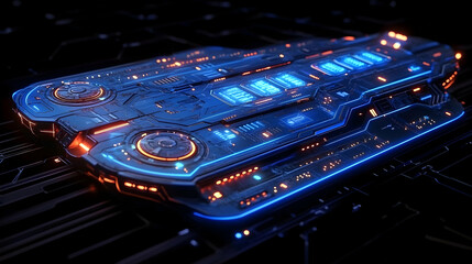 Poster - Futuristic tech device, glowing blue & orange, intricate circuitry.  Cyberpunk aesthetic