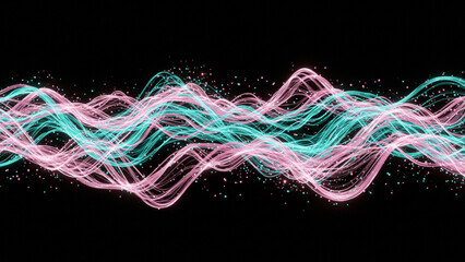 Poster - n abstract representation of three-dimensional waves, highlighted by glowing lines and dots on a black surface