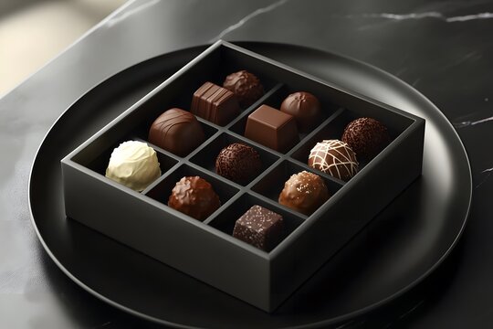 A sleek modern box filled with assorted truffle chocolates, set on a minimalist black plate with subtle lighting, rendered in HD.