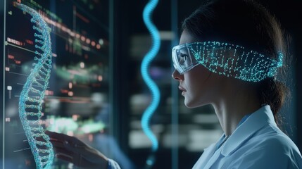  - A virtual AI assistant projects a 3D holographic double helix, guiding doctors through a genetic diagnosis process