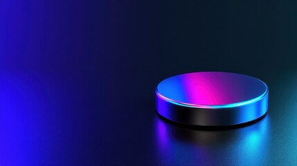 Poster - A futuristic circular pedestal under vibrant blue and pink lighting