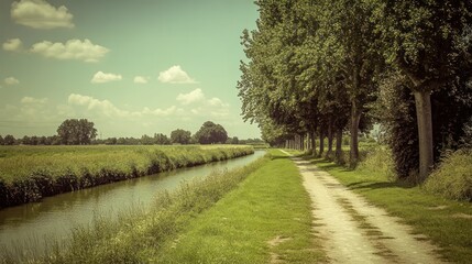 Poster - A scenic countryside landscape with water and lined trees