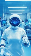 Poster - A futuristic robot in a lab setting with screens visible