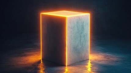 Poster - A textured cube featuring bright orange glowing neon edges