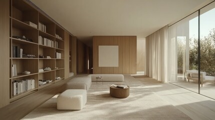 Poster - A spacious modern living room with bookshelves and natural light